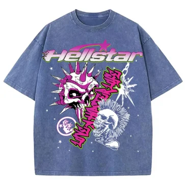 Acid Washed Hellstar Graphic Blue T-Shirt